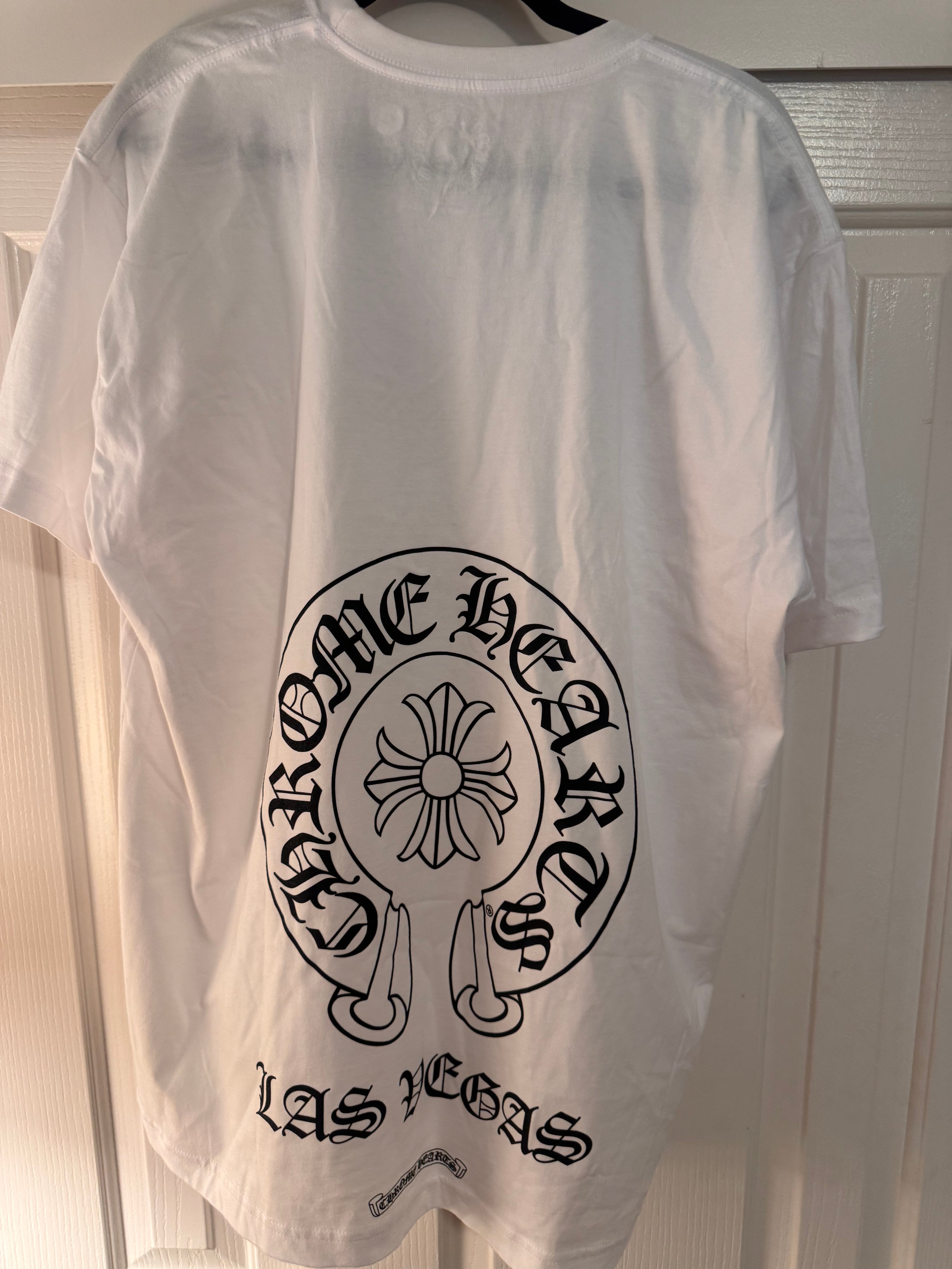 Chrome Hearts Las Vegas Horseshoe Pocket Crew T Shirt White Black Print Made In USA Size XL