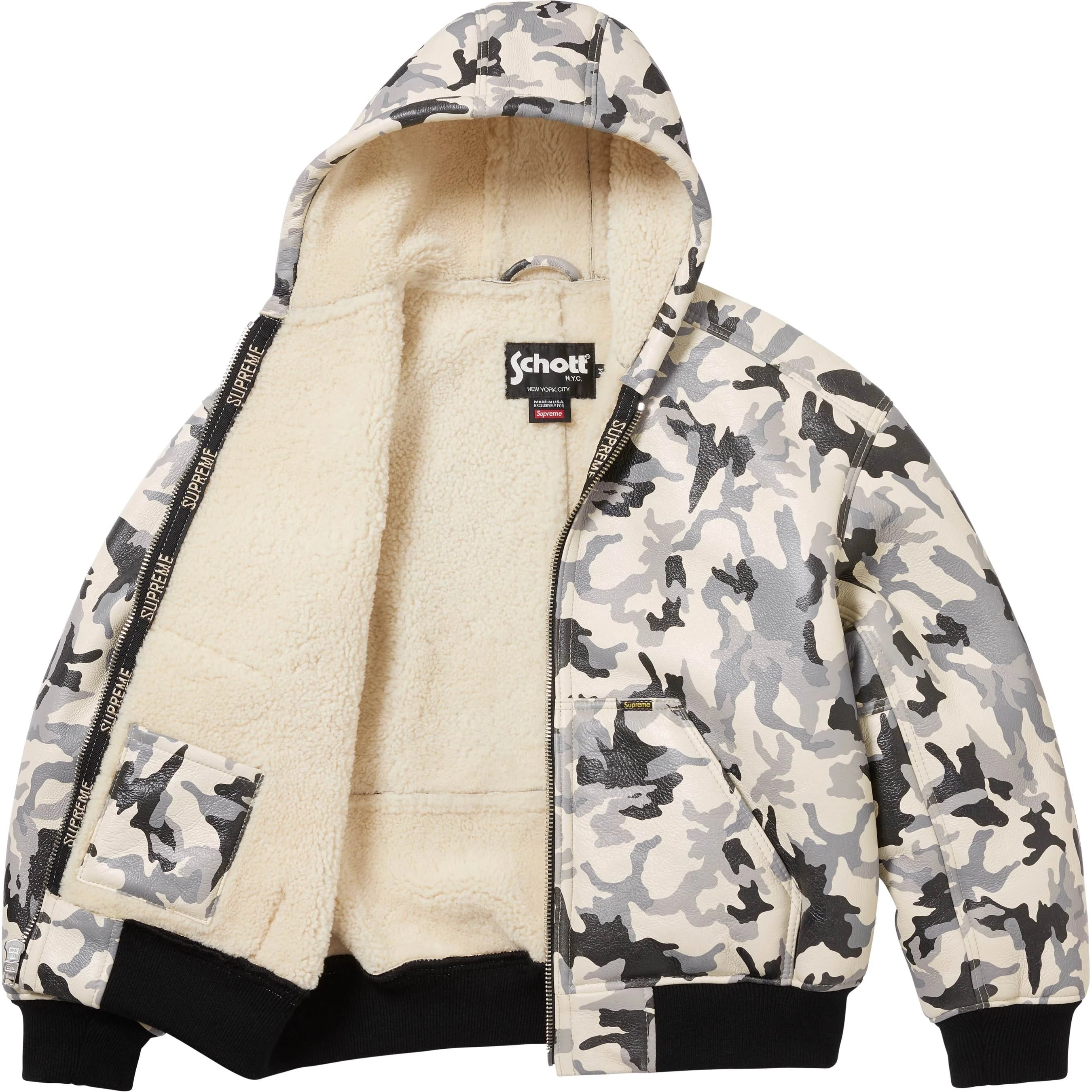 Supreme x Schott Shearling Hooded Work Jacket Snow Camo FW25