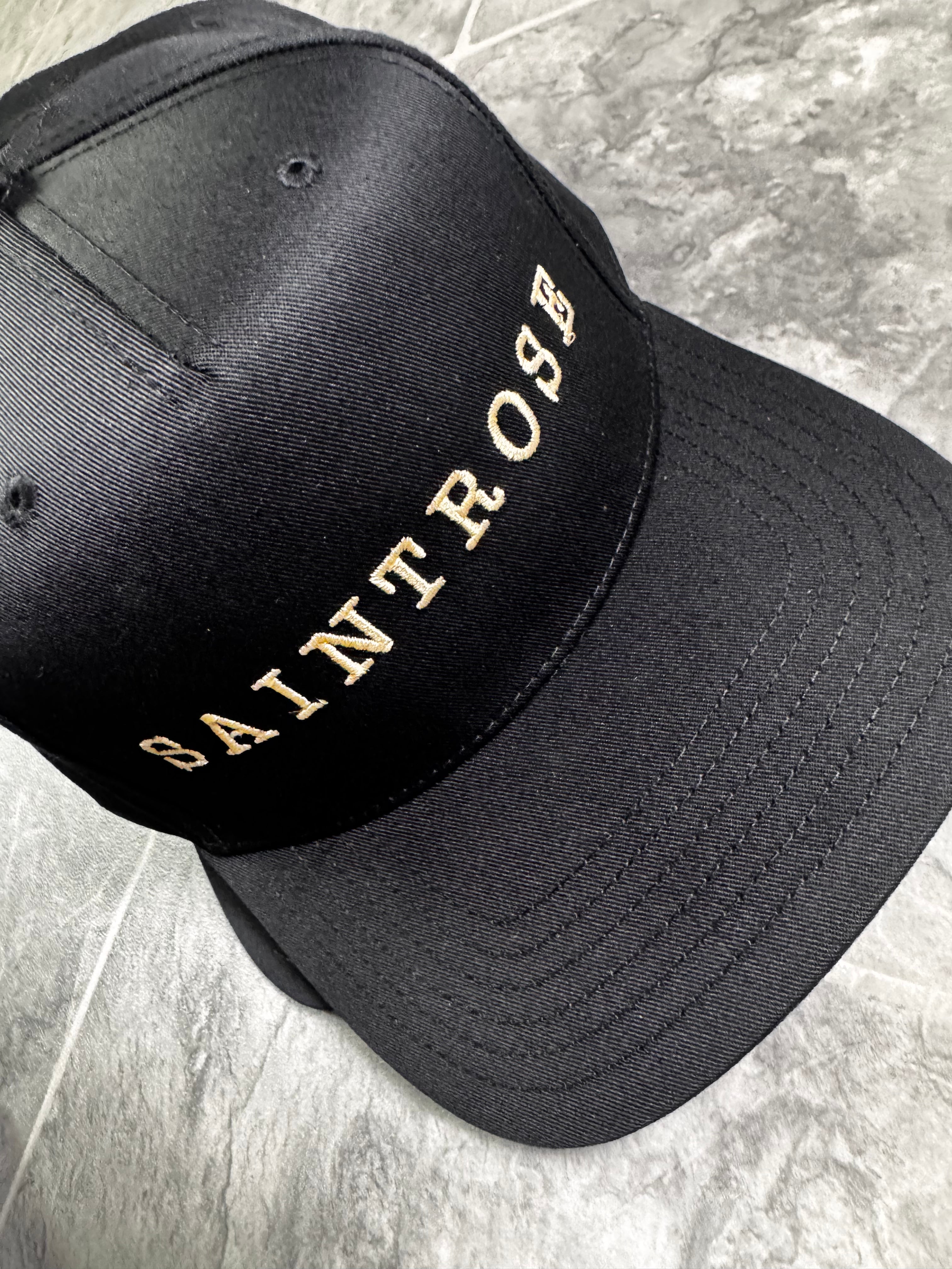 Saint Rose Minimal Gothic Embroidered Cap Black Clean Script Vaulthq